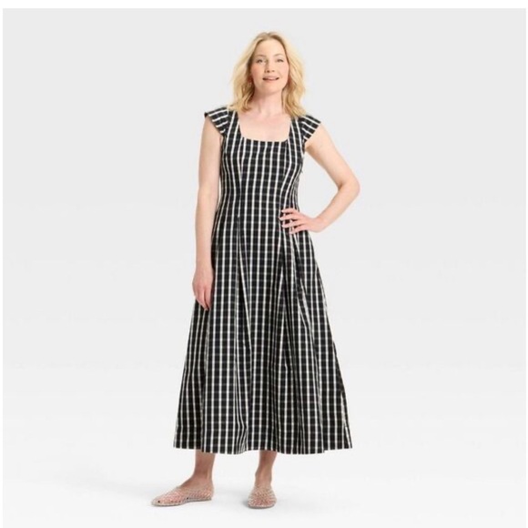 A New Day - Women's Poplin Midi Dress - A New Day Black Plaid Black Plaid NWT 12 - Picture 1 of 7